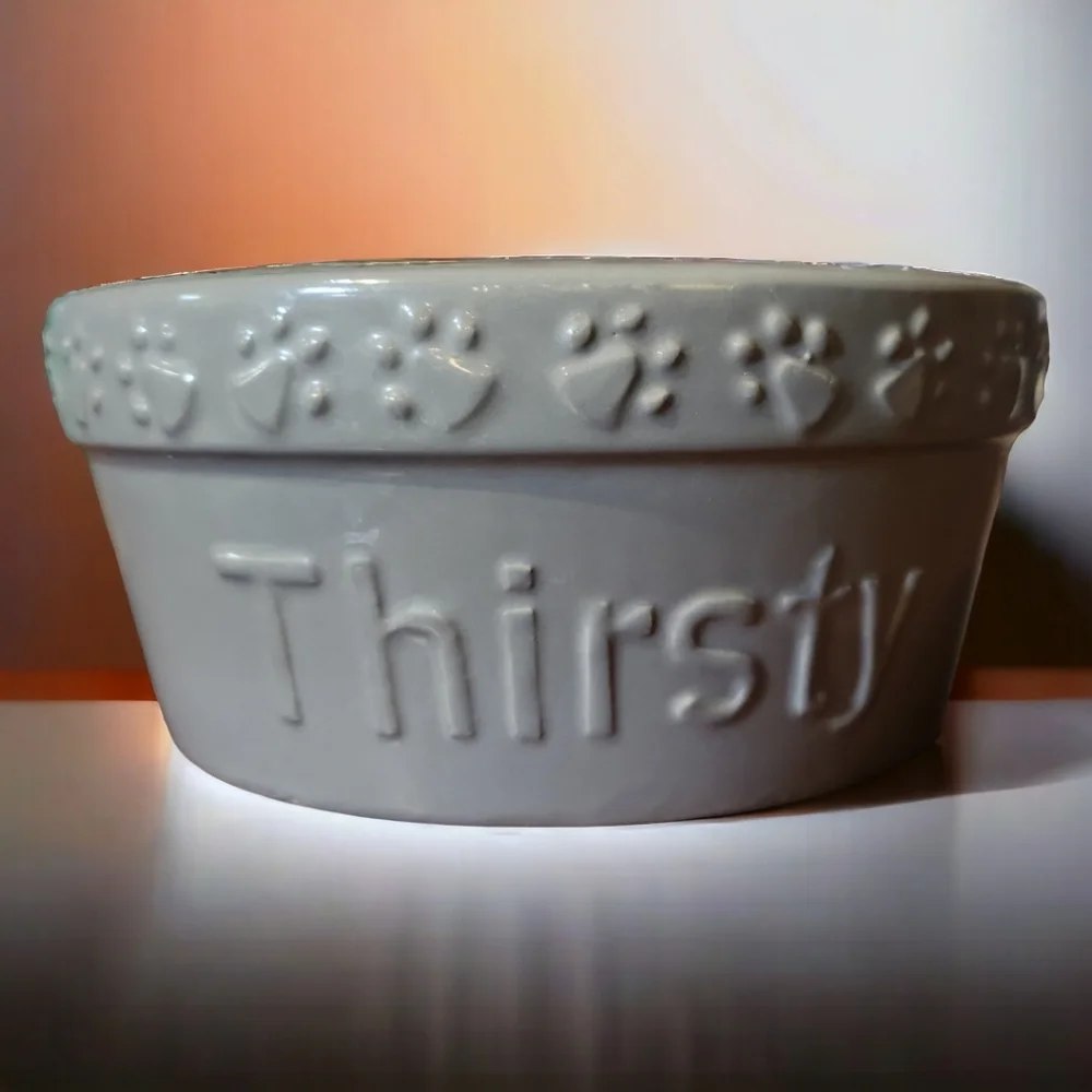 2HP😀 Vtg 2018 Thirsty Heavy Stoneware Signature Housewares Inc Lrg Pet Bowl Paw